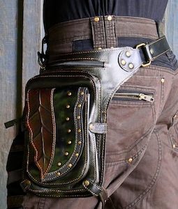 Leather utility belt ~ Pocket belt ~ Leg strap ~ Hammered leaf design ~ 3 in 1 leg belt, hip bag or sling bag ~ The Leaf belt