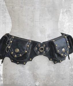 Black Leather Utility Belt: Festival Steampunk Hip Pack, Designer fanny belt bag with pockets