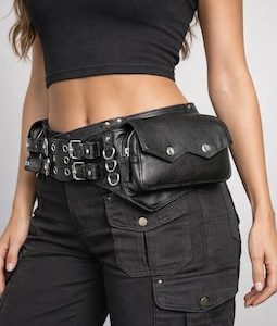 Black Leather Utility Belt with Multi Pockets | Festival Waist Bag, Nickel Hardware