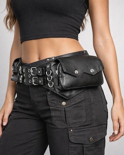 Black Leather Utility Belt with Multi Pockets | Festival Waist Bag, Nickel Hardware