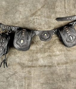 Handmade Black Leather Multi Pocket Utility Belt Labradorite Gemstones Festival Antique Brass Durable Unisex
