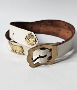 Vintage Swiss Leather Belt with Cow Details, White Handmade Folk Belt, 85 cm